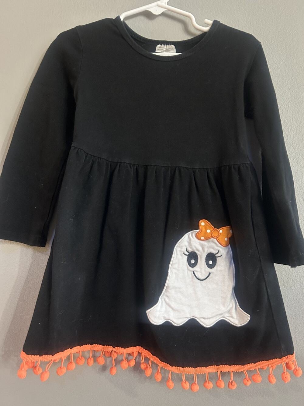 Girls Halloween Ghost Tunic Dress Top L 6/6X Black Stretch Cute Spooky L/S